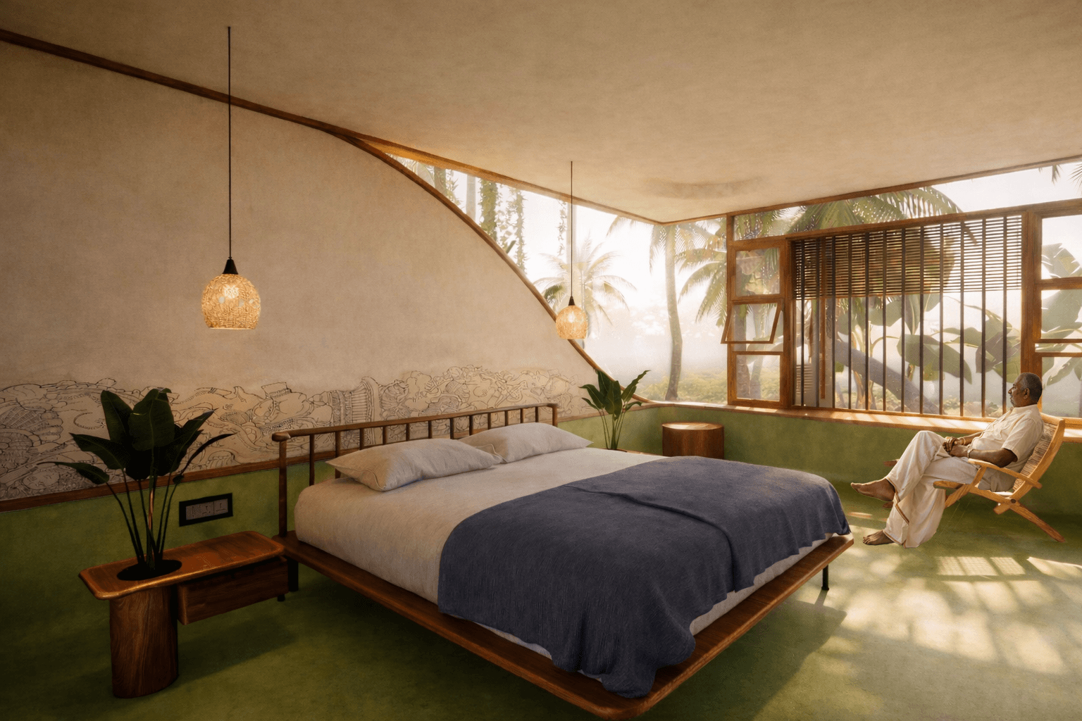 Ida-naazhika - Master bedroom with green oxide floor, Kerala mural wall, and louvred windows opening to coconut palms